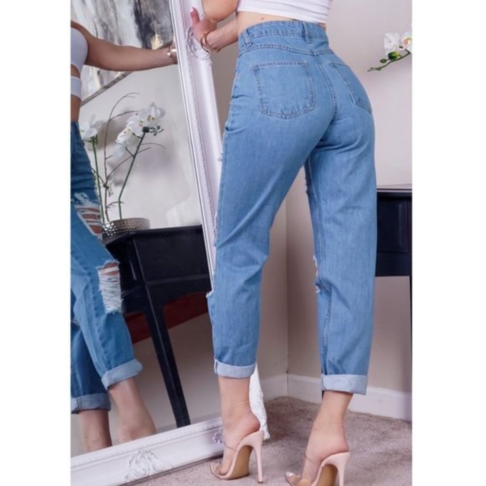 High Waist Ripped Distressed Boyfriend Jeans Denim - Picture 5 of 7